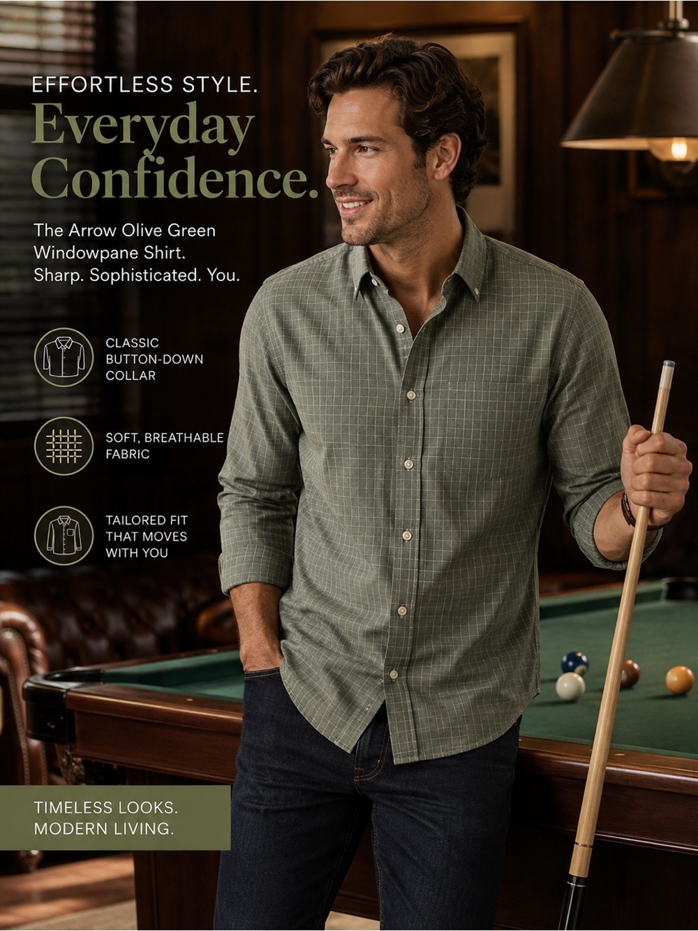 Arrow Olive Green Windowpane Button-Down Dress Shirt